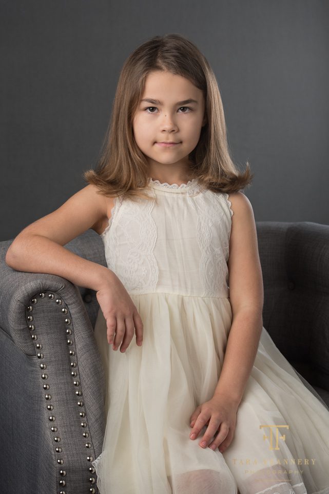 6 year old girl in white dress portrait