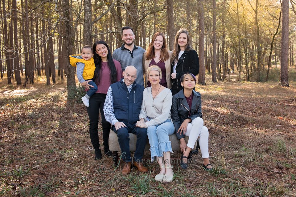 family photo in the woods with mom dad and chidlren